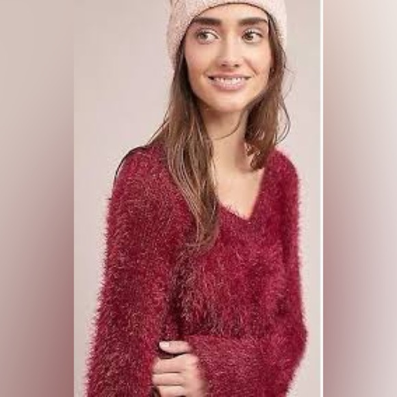 Anthropologie Maeve v-neck eyelash sweater medium petite MP pink red burgundy - Picture 10 of 14